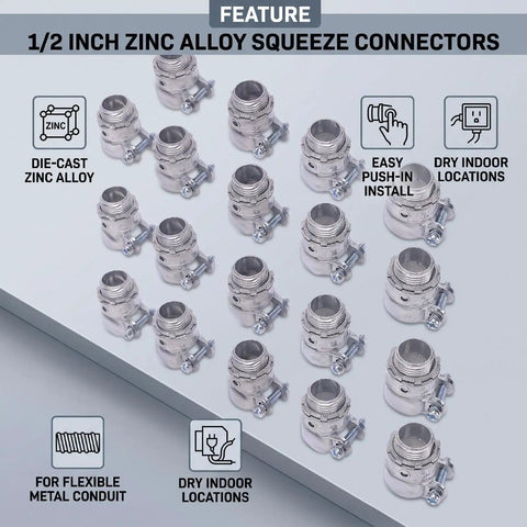 20 Pack Of 1/2 Inch Squeeze Connectors For Electrical Boxes Crafted From Zinc Alloy With Push In Installation and Durable Screw Locking Nuts.