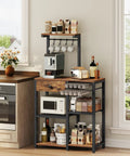 Rustic Brown Five Tier Bakers Rack With Storage And Pod Drawer Holder Dope Coffee Bar Station in kitchen setting