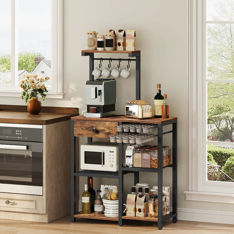 Rustic Brown Five Tier Bakers Rack With Storage And Pod Drawer Holder Dope Coffee Bar Station in kitchen setting