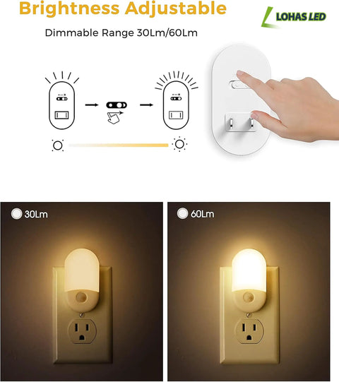 2 Pack Motion Activated Night Lights Plug In Wall Lights With Auto On Sensor Warm White 3000K Adjustable Brightness 30 And 60 LM