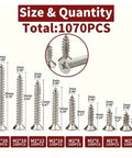 1070-Piece M2 Wood Screw Set With Cross-Recessed Flat Head Self-Tapping Hardware For DIY Projects, Eight Lengths From M2x4 To M2x20, Fully Organized Kit For Furniture, Cabinets, And General Woodworking. Size chart showing M2 wood screws from 4mm to 20mm.