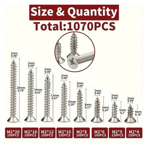 1070-Piece M2 Wood Screw Set With Cross-Recessed Flat Head Self-Tapping Hardware For DIY Projects, Eight Lengths From M2x4 To M2x20, Fully Organized Kit For Furniture, Cabinets, And General Woodworking. Size chart showing M2 wood screws from 4mm to 20mm.