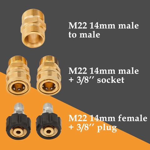 Beefed Up 50 Ft Pressure Washer Hose 1/4 Inch With Quick Connect Kit M22 14mm male to male and other connectors visible