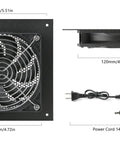 Ultra Quiet 120mm Cabinet Fan System With Power Adapter And 10 Speed Control, dimensions and components shown, front panel 6.3x6.3 inches