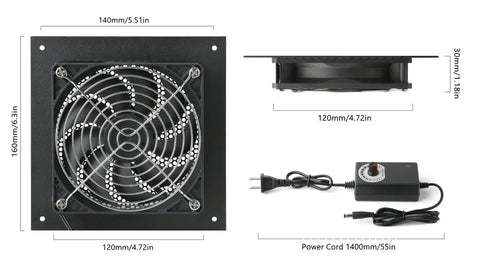Ultra Quiet 120mm Cabinet Fan System With Power Adapter And 10 Speed Control, dimensions and components shown, front panel 6.3x6.3 inches