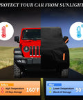 Jeep Wrangler 2 Door with half-covered waterproof car cover, demonstrating sun protection effectiveness on road.