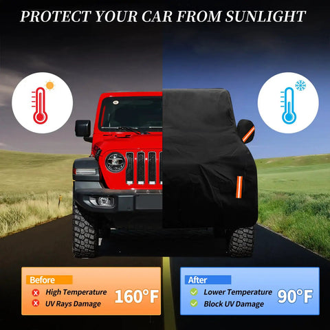Jeep Wrangler 2 Door with half-covered waterproof car cover, demonstrating sun protection effectiveness on road.