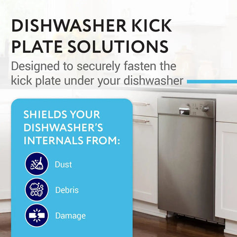Dishwasher Kick Plate Clips Black D Shape One Size Universal Fit No Fuss Easy Install Fits Kenmore KitchenAid Whirlpool Dishwashers and Access Panels Durable Build displayed in kitchen next to stainless dishwasher.
