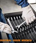 Person wearing gloves selecting a wrench from a 24 Piece Ratchet Wrench Set With 72-Tooth Ratcheting Wrenches, Metric And SAE Sizes.