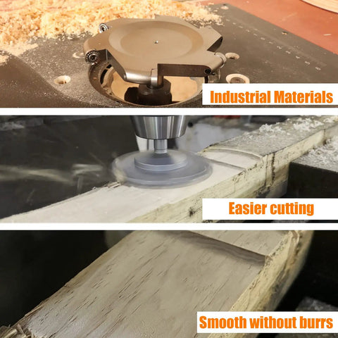Spoilboard Surfacing Router Bit With 6 Flute Half Inch Shank 4 Inch Cutting Diameter Carbide Insert in action on wood