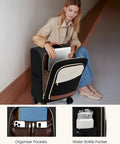 LOVEVOOK 5-piece carry-on luggage set; black wheeled suitcases with beige front pocket and brown trim.