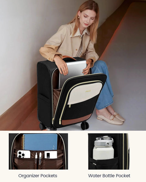 LOVEVOOK 5-piece carry-on luggage set; black wheeled suitcases with beige front pocket and brown trim.