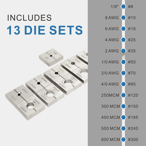 13 die sets for 16 Ton Hydraulic Cable Lug Crimper Kit With 13 Die Sets For 9 AWG To 600 MCM Electrical Terminals Heavy Duty Wire Tool