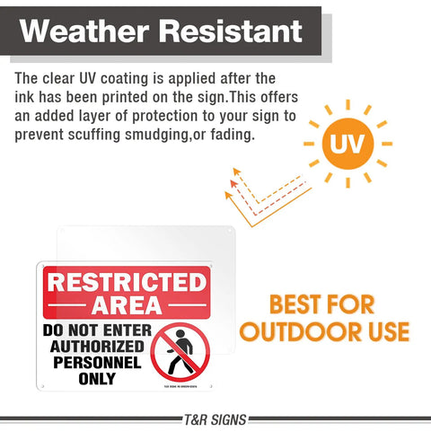 Restricted Area Do Not Enter Authorized Personnel Only Sign 2 Pack 10 By 7 Inches Aluminum Rust Free UV Protected displayed