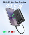 Ultimate 10000mAh Power Bank With 22.5W Fast Charging And Built In Lightning Usb C Cables Plus Foldable Wall Plug For iPhone And Apple Watch charging a smartphone.