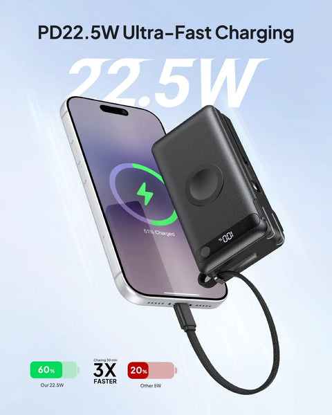 Ultimate 10000mAh Power Bank With 22.5W Fast Charging And Built In Lightning Usb C Cables Plus Foldable Wall Plug For iPhone And Apple Watch charging a smartphone.