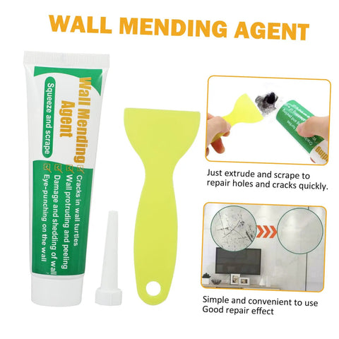 Two Pack Wall Mending Repair Cream With Scraper Quick Crack Fix For Home And Office DIY Patch Paste Easy To Use Self Adhesive Wall Hole Repair Paste To Fix Cracks And Holes Fast with green tube and plastic scraper shown.