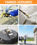 Front view of pressure washer spray gun with brass 1/4-inch quick-connect on blue hose
Side view of a high-pressure spray wand emitting water from a pressure washer
Close-up of a brass quick-connect fitting attached to a pressure washer component
People using a pressure washer to clean the exterior of a house outdoors