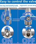 Heavy Duty 4 Way Garden Hose Splitter With Full Flow Ball Valve, 304 Stainless Steel, Lead Free, 3/4 Inch GHT Thread, Extra Long 2.1 Inch Handle, Outdoor Spigot Faucet Connector For Fast, Unrestricted Water Distribution, blue on/off handle view