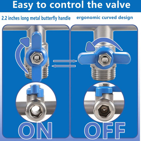 Heavy Duty 4 Way Garden Hose Splitter With Full Flow Ball Valve, 304 Stainless Steel, Lead Free, 3/4 Inch GHT Thread, Extra Long 2.1 Inch Handle, Outdoor Spigot Faucet Connector For Fast, Unrestricted Water Distribution, blue on/off handle view