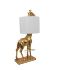 Distressed Gold Giraffe Table Lamp With White Linen Shade, Playful Resin Animal Accent Light, Cord Switch, 40W Max, 27.75 Inch Tall