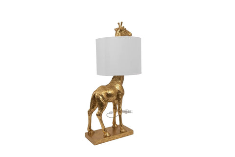 Distressed Gold Giraffe Table Lamp With White Linen Shade, Playful Resin Animal Accent Light, Cord Switch, 40W Max, 27.75 Inch Tall