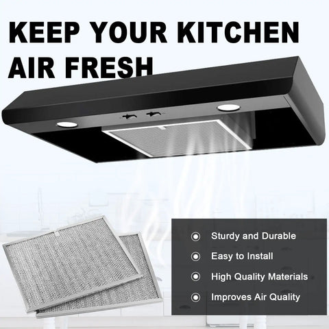 2 Pack Aluminum Mesh Grease Filter For 30 Inch Range Hoods Replacement BPS1FA30 Fits Broan displayed with range hood.