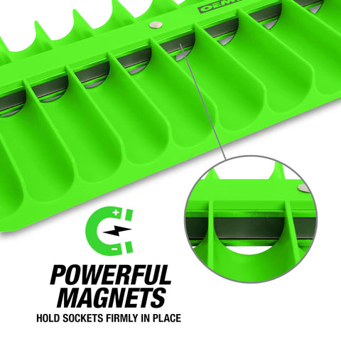 Close-up of Three Pack Portable Magnetic Socket Organizer Tray For One Quarter Inch, Three Eighth Inch, And One Half Inch Drive Sockets