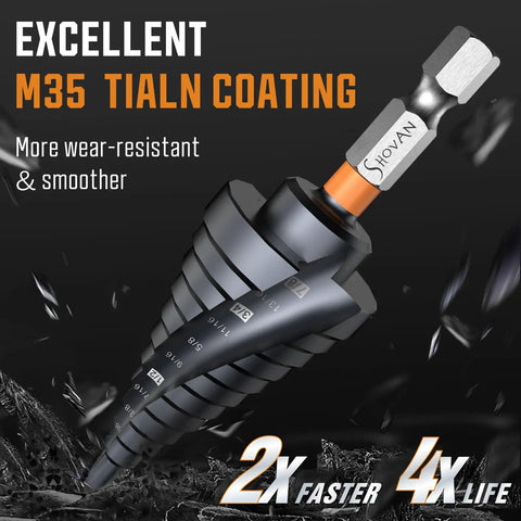 Three Piece Unibit Step Drill Bit Set Built For Beastly Durability M35 Cobalt TiAlN Coated Spiral Cone Bits close-up view