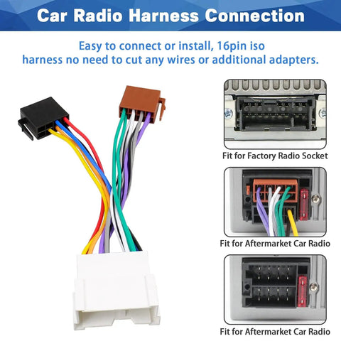 Stereo Wiring Harness Adapter Replacement For Hyundai Elantra Sonata Accent Tucson XG300 And Kia Rio Sedona 16 Pin Car Audio Connector Kit Easy Plug In Harness For Aftermarket Radio showing ISO connectors and wiring layout for factory and aftermarket installations.