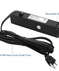 Back view of Wall Mount Power Outlet Strip With Switch, Four Outlet Mountable Power Strip With 6 Ft Cord For Under Desk Setup, black casing