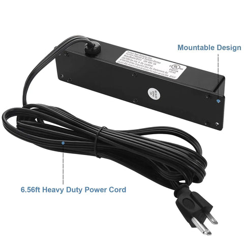 Back view of Wall Mount Power Outlet Strip With Switch, Four Outlet Mountable Power Strip With 6 Ft Cord For Under Desk Setup, black casing