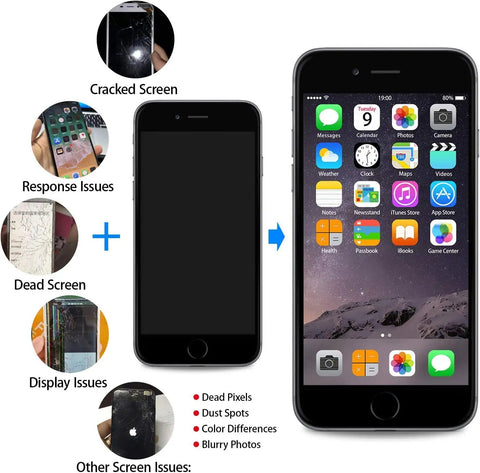 Comparison of iPhone screens with cracked, unresponsive issues to a new, clear display using the 4.7 Inch SE 2022 Screen Replacement Kit.