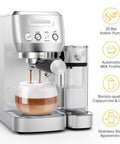 Premium Espresso Machine With Auto Milk Frother And 20 Bar Italian High Pressure Pump For Rich Crema And Silky Microfoam Lattes brewing espresso with frothy milk.