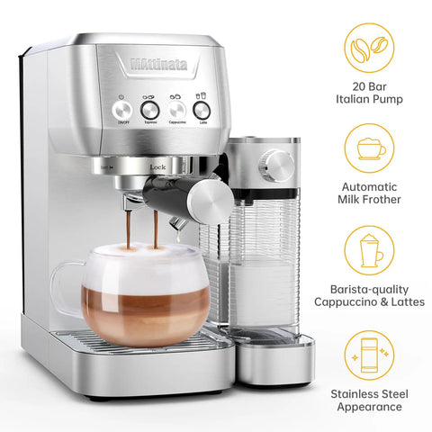 Premium Espresso Machine With Auto Milk Frother And 20 Bar Italian High Pressure Pump For Rich Crema And Silky Microfoam Lattes brewing espresso with frothy milk.