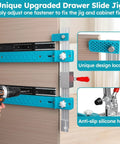 Pro Grade Drawer Slide Jig For Cabinets And Desks shown installed with toggle clamp, magnetic arm, and punch locator