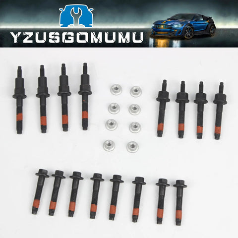 Exhaust Manifold Stud Bolt Nut Kit For Dodge Dakota Durango Ram 1500 Jeep Grand Cherokee Commander Mitsubishi Raider 4.7L V8 Replaces 6505257AA 6504331 Beefed Up Hardware Includes Bolts And Nuts, showing full set with bolts, studs, and nuts arranged on a white surface.