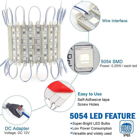 Blue Storefront LED Light Strips 40 Ft 80 Piece 5054 SMD Modules features with wire interface and adhesive highlights.