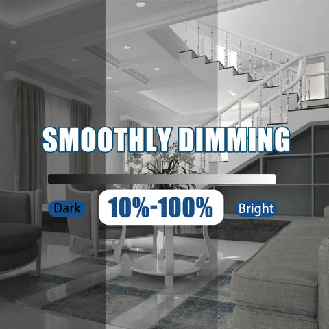 Smoothly dimming demonstration with Ultra Slim 4 Inch LED Recessed Downlight, showing 10% to 100% brightness in a living room.