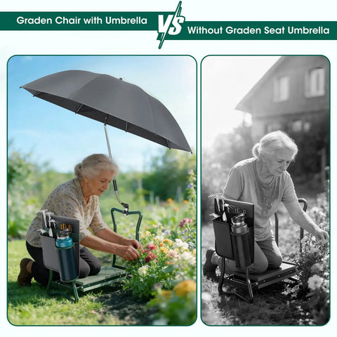 Two In One Garden Kneeler With Umbrella And Portable Stool For Easy Yard Work, Includes Tool Bag And Bottle Holder, 330 Pound Capacity, Clamp Umbrella With 42 Inch Diameter And Adjustable Pole, Gift For Gardeners.