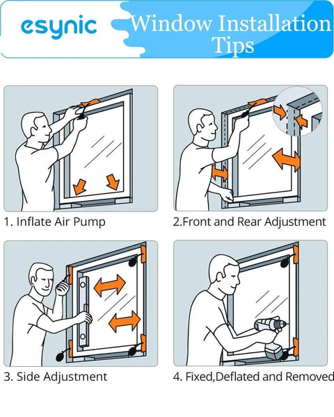 Illustration of using air wedge bags for window installation, showing inflation, adjustment, and removal in four steps.