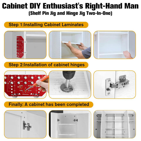 Image showing steps to use Heavy Duty 2 In 1 Cabinet Drill Template With Reliable Shelf Pin And Hinge Alignment Guide for DIY cabinetry.