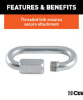 Threaded Quick Link Trailer Safety Chain Hook Carabiner Clip Five Sixteenth Inch Diameter Built Tough For Heavy Duty Towing 8800 Pound Break Strength That Lasts, zinc plated with secure attachment feature
