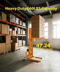 Heavy Duty Electric Pallet Stacker With 660 Lbs Capacity Lift Height 47 Inches, shown in warehouse with stacked boxes.