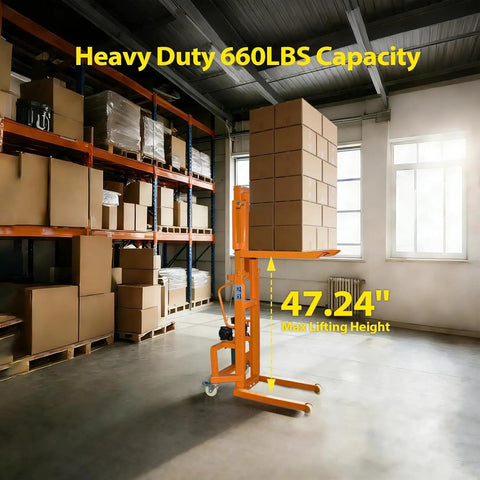 Heavy Duty Electric Pallet Stacker With 660 Lbs Capacity Lift Height 47 Inches, shown in warehouse with stacked boxes.