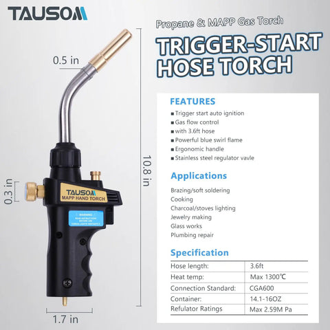 Workhorse Propane Mapp Gas Torch With Self Ignition And Brass Nozzle For Soldering, Brazing And Welding Copper Pipes On Map Pro Tank, Heavy Duty Tool For Quick Burns And Easy Flame Control