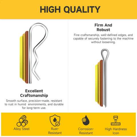620 Piece Cotter Pin Kit With Zinc Plated Steel Pins, Hairpin Cotter Pins And R Clips, illustrated with pins and quality features