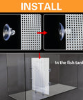 Two Piece Transparent Aquarium Divider With Heavy Duty Suction Cups For Stress Free Fish Separation Breeding And Territory Control Reusable Adjustable Plastic Grid Partition 17X13 Inches installation process with suction cups and grid.