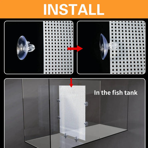 Two Piece Transparent Aquarium Divider With Heavy Duty Suction Cups For Stress Free Fish Separation Breeding And Territory Control Reusable Adjustable Plastic Grid Partition 17X13 Inches installation process with suction cups and grid.