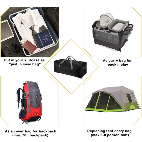 Foldable 75L Duffel Bag For Travel, versatile uses including suitcase storage, carry bag for play pen, backpack cover, tent bag